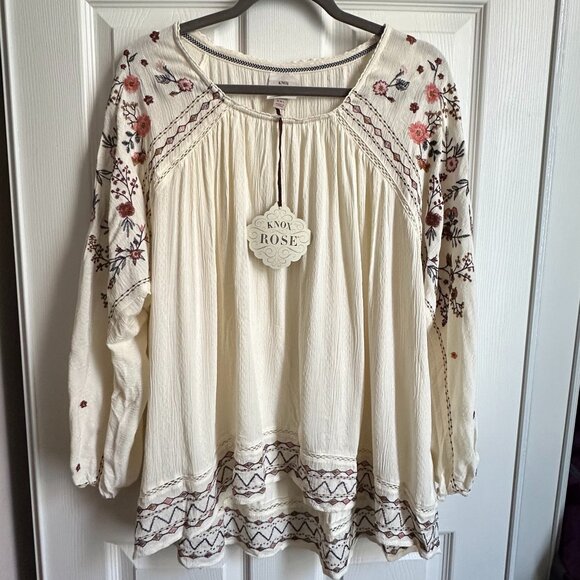 Knox Rose XXL Floral Embroidered Peasant Top Ivory 3/4 Sleeve Scoop Neck NWT - Picture 1 of 11